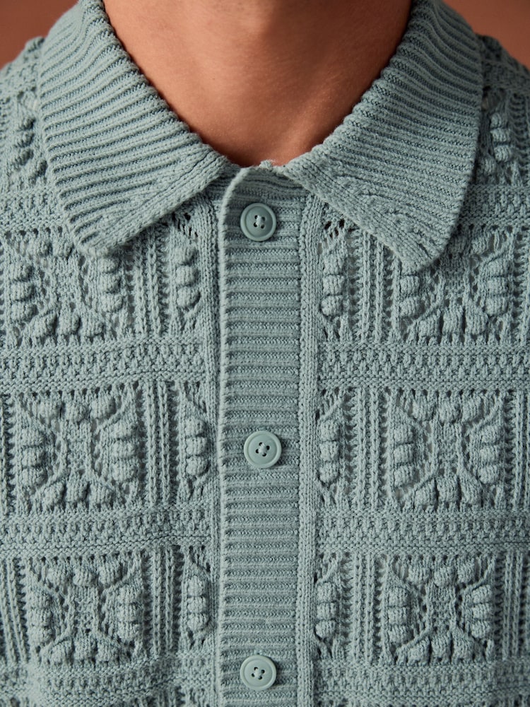 Light Blue Relaxed Fit Cotton Rich Short Sleeve Flower Crochet Knit Button-Through Polo Shirt - Image 6 of 9