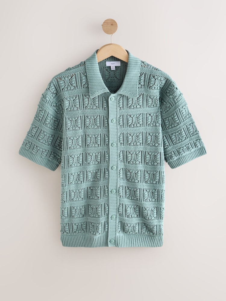 Light Blue Relaxed Fit Cotton Rich Short Sleeve Flower Crochet Knit Button-Through Polo Shirt - Image 7 of 9