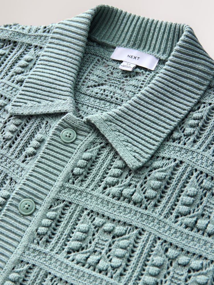 Light Blue Relaxed Fit Cotton Rich Short Sleeve Flower Crochet Knit Button-Through Polo Shirt - Image 8 of 9