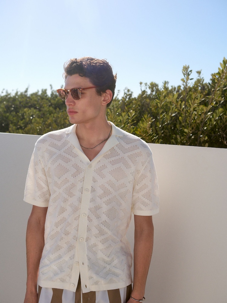 White Relaxed Fit 100% Cotton Short Sleeve Pointelle Knit Shirt with Cuban Collar - Image 1 of 8