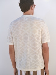 White Relaxed Fit 100% Cotton Short Sleeve Pointelle Knit Shirt with Cuban Collar - Image 2 of 8