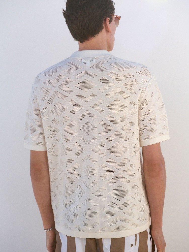 White Relaxed Fit 100% Cotton Short Sleeve Pointelle Knit Shirt with Cuban Collar - Image 2 of 8