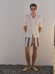 White Relaxed Fit 100% Cotton Short Sleeve Pointelle Knit Shirt with Cuban Collar - Image 3 of 8