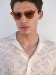 White Relaxed Fit 100% Cotton Short Sleeve Pointelle Knit Shirt with Cuban Collar - Image 5 of 8