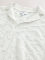 White Relaxed Fit 100% Cotton Short Sleeve Pointelle Knit Shirt with Cuban Collar - Image 7 of 8