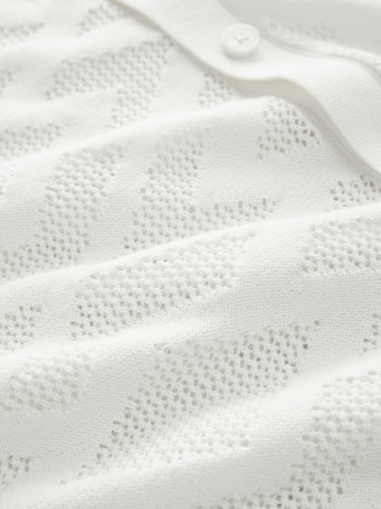 White Relaxed Fit 100% Cotton Short Sleeve Pointelle Knit Shirt with Cuban Collar - Image 8 of 8