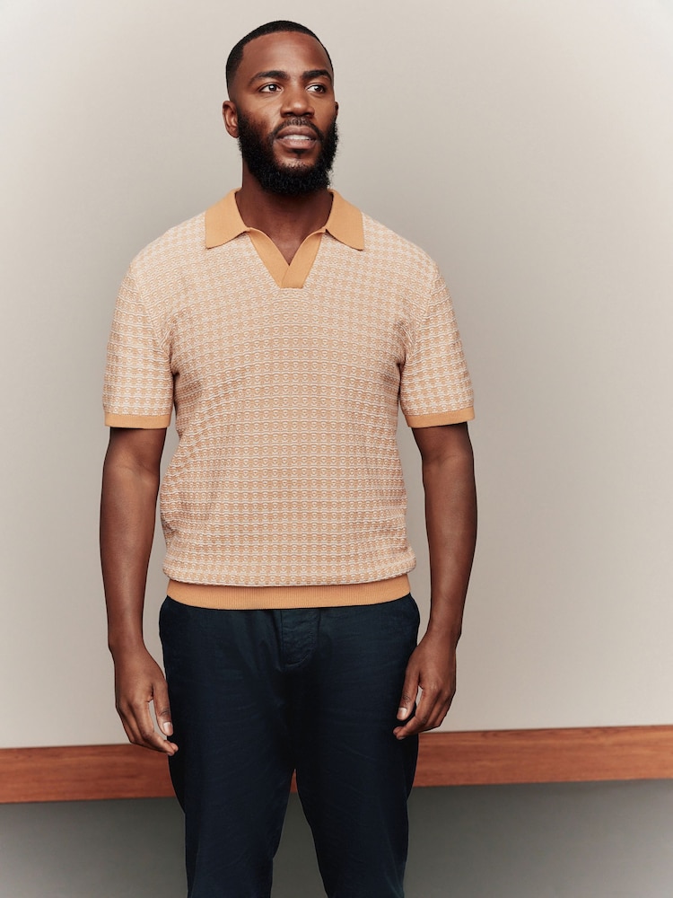 Yellow/White Regular Fit 100% Cotton Short Sleeve Geometric Pattern Knit Trophy Polo Shirt - Image 1 of 7