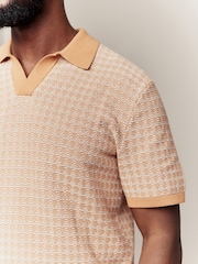 Yellow/White Regular Fit 100% Cotton Short Sleeve Geometric Pattern Knit Trophy Polo Shirt - Image 4 of 7