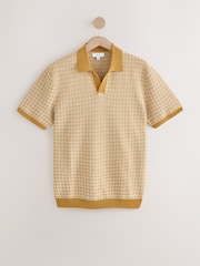 Yellow/White Regular Fit 100% Cotton Short Sleeve Geometric Pattern Knit Trophy Polo Shirt - Image 5 of 7