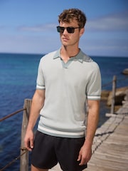 Sage Green/White Regular Fit 100% Cotton Short Sleeve Geometric Pattern Knit Trophy Polo Shirt - Image 1 of 8