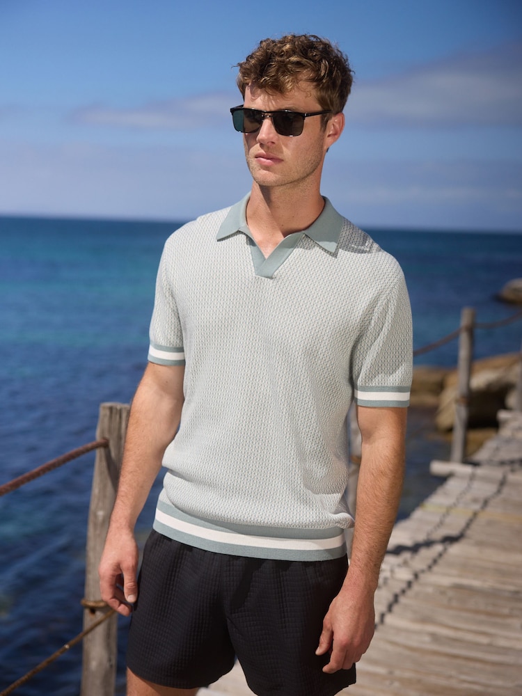Sage Green/White Regular Fit 100% Cotton Short Sleeve Geometric Pattern Knit Trophy Polo Shirt - Image 1 of 8