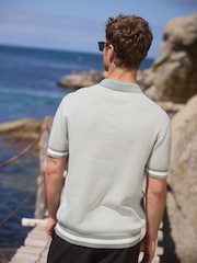 Sage Green/White Regular Fit 100% Cotton Short Sleeve Geometric Pattern Knit Trophy Polo Shirt - Image 2 of 8
