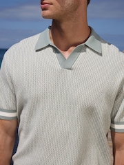 Sage Green/White Regular Fit 100% Cotton Short Sleeve Geometric Pattern Knit Trophy Polo Shirt - Image 4 of 8