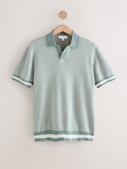 Sage Green/White Regular Fit 100% Cotton Short Sleeve Geometric Pattern Knit Trophy Polo Shirt - Image 6 of 8