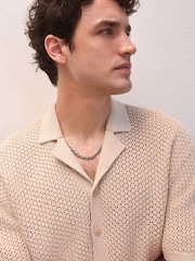 Neutral Relaxed Fit 100% Cotton Crochet Knitted Shirt with Cuban Collar - Image 1 of 7