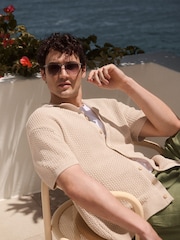 Neutral Relaxed Fit 100% Cotton Crochet Knitted Shirt with Cuban Collar - Image 3 of 7