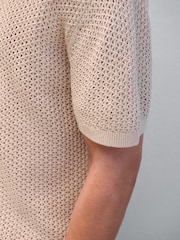 Neutral Relaxed Fit 100% Cotton Crochet Knitted Shirt with Cuban Collar - Image 4 of 7