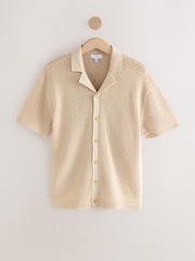 Neutral Relaxed Fit 100% Cotton Crochet Knitted Shirt with Cuban Collar - Image 5 of 7