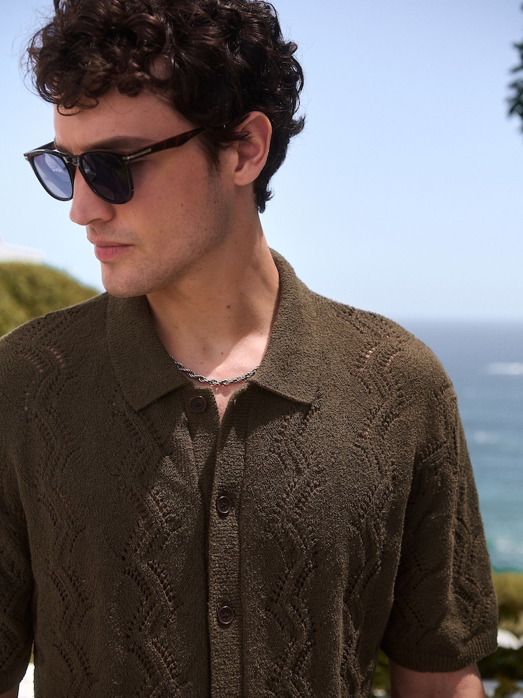 Khaki Green Relaxed Fit Cotton Rich Bouclé Knit Button-Through Polo Shirt - Image 1 of 6 Khaki Green Relaxed Fit Cotton Rich Bouclé Knit Button-Through Polo Shirt - Image 1 of 6