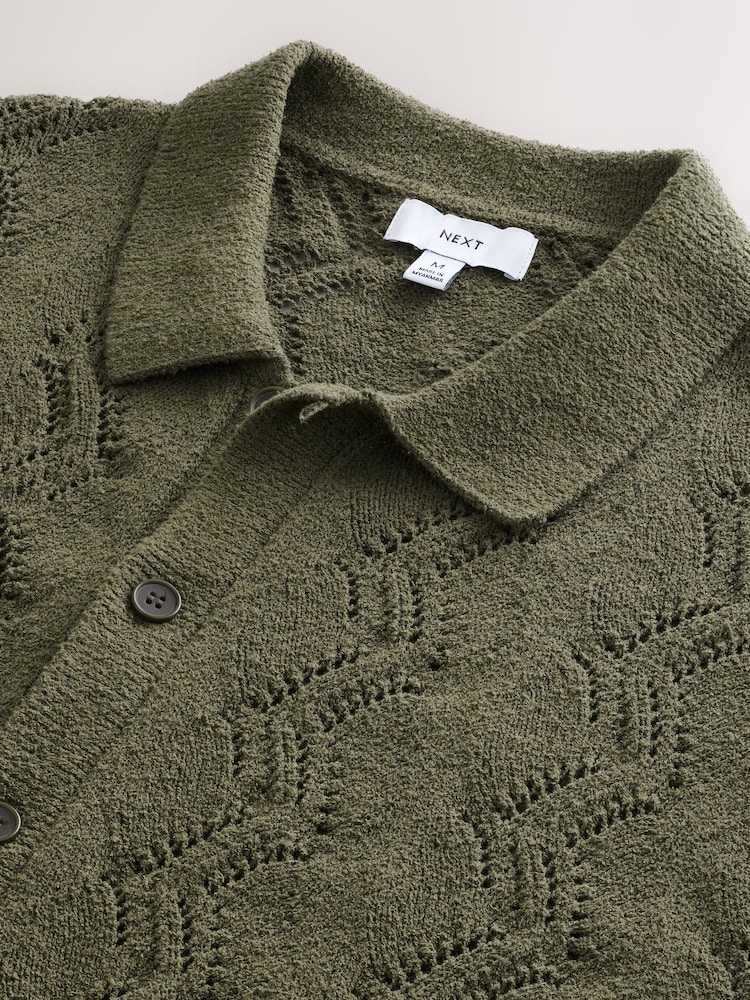 Khaki Green Relaxed Fit Cotton Rich Bouclé Knit Button-Through Polo Shirt - Image 6 of 6 Khaki Green Relaxed Fit Cotton Rich Bouclé Knit Button-Through Polo Shirt - Image 6 of 6