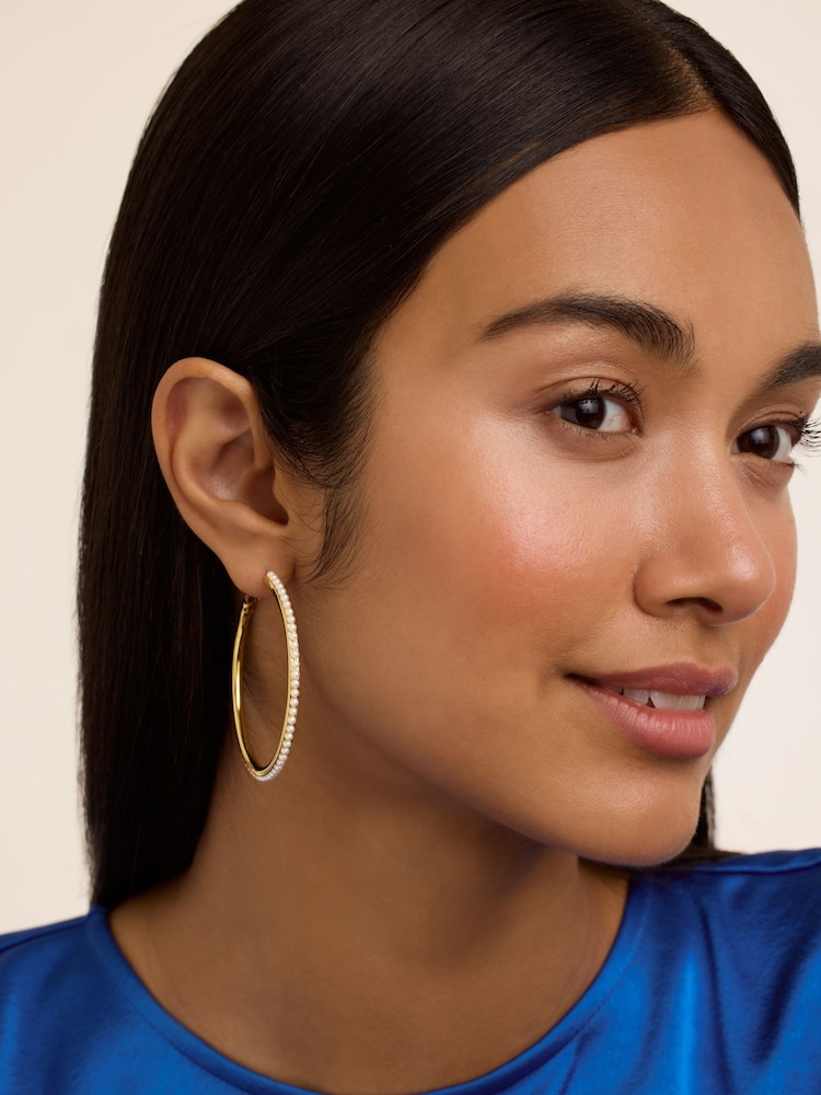 Ted Baker Gold Tone Large Perla Pearl Hoop Earrings - Image 4 of 4