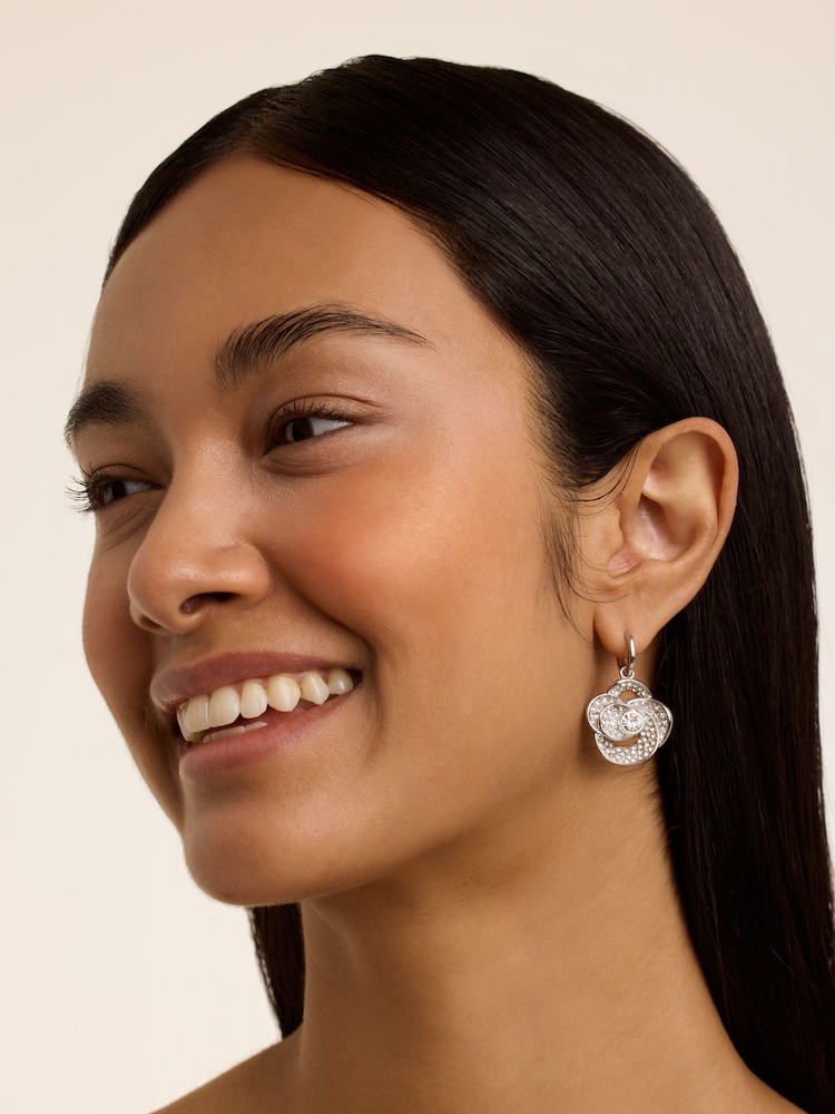 Ted Baker Silver Tone Florence Crystal Flower Huggie Earrings - Image 4 of 4