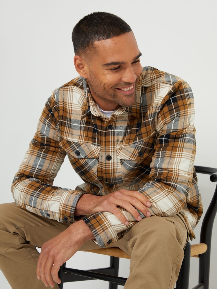 Threadbare Brown 100% Cotton Check Borg Lined Shacket - Image 4 of 4