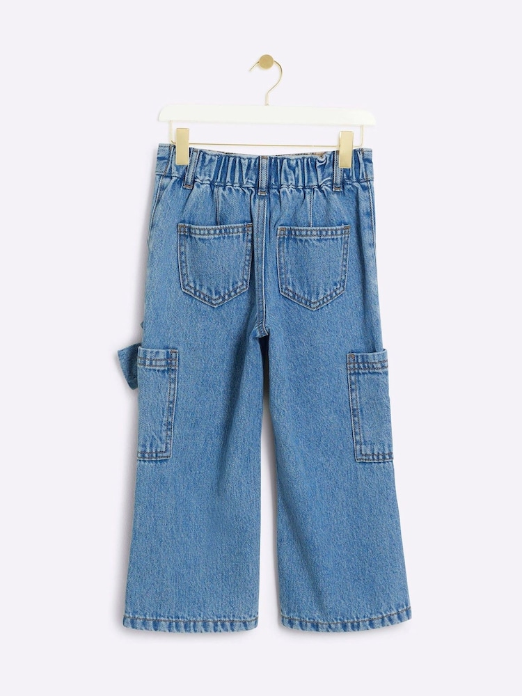River Island Blue Girls BOWS Carpenter Straight 100% Cotton Jeans - Image 2 of 4 River Island Blue Girls BOWS Carpenter Straight 100% Cotton Jeans - Image 2 of 4