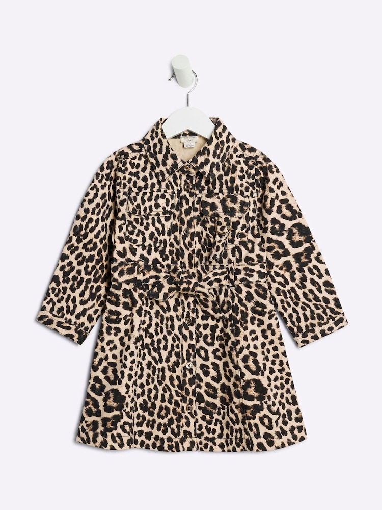 River Island Brown Girls Denim Leopard Print 100% Cotton Dress - Image 1 of 4