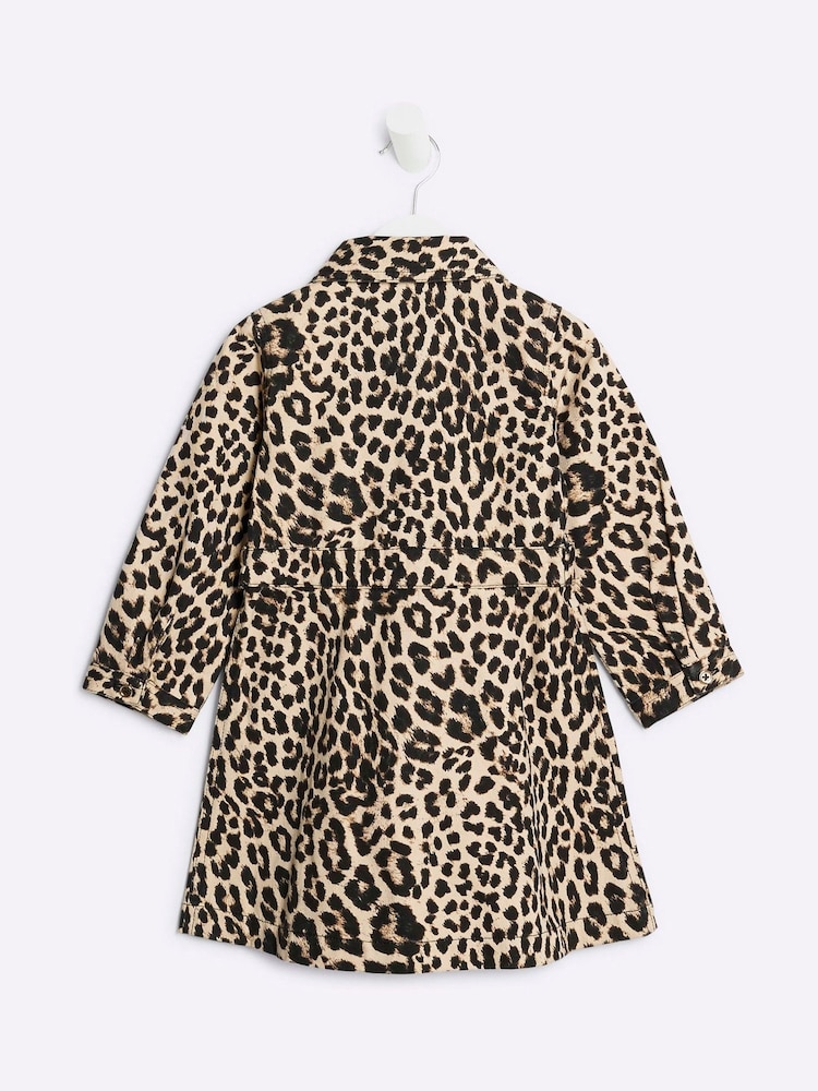 River Island Brown Girls Denim Leopard Print 100% Cotton Dress - Image 2 of 4