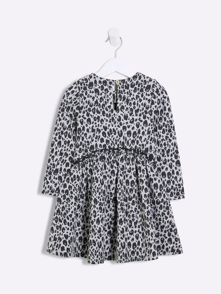 River Island Grey Girls Leopard Print Smock 100% Cotton Dress - Image 1 of 4