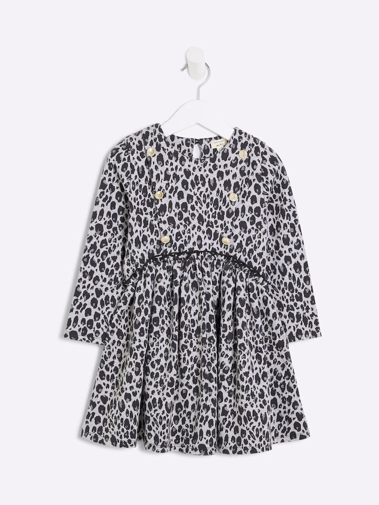 River Island Grey Girls Leopard Print Smock 100% Cotton Dress - Image 2 of 4