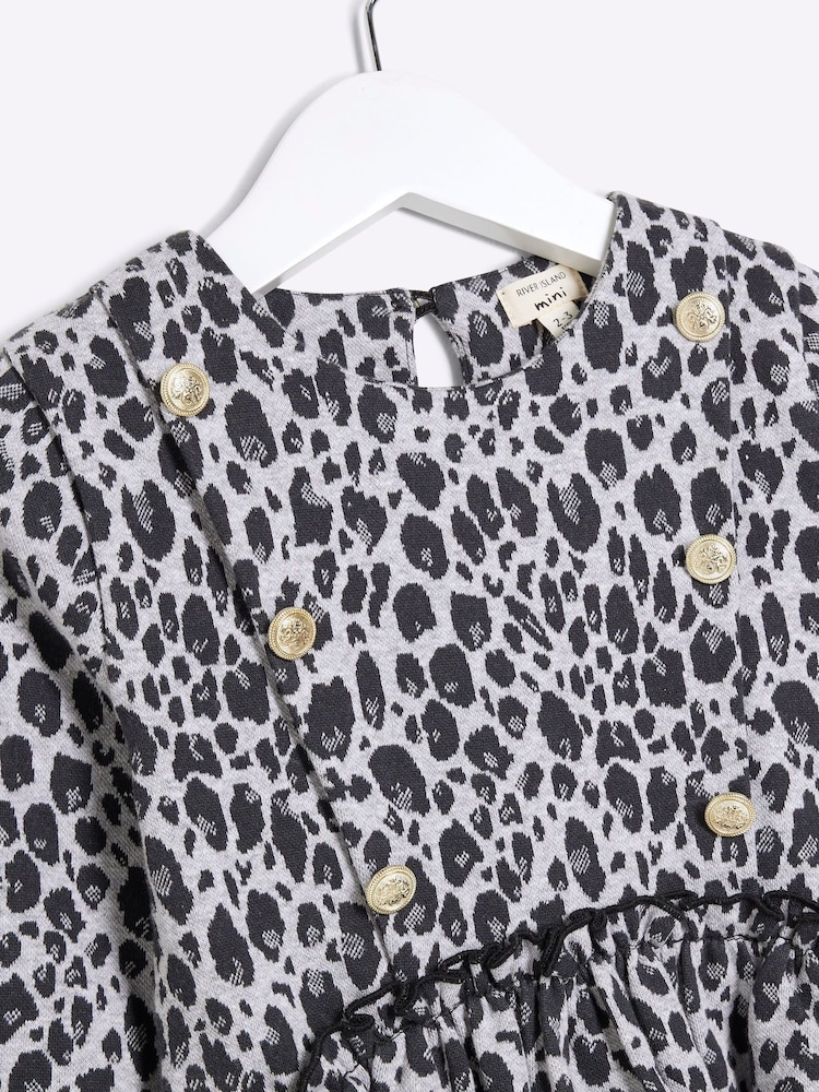 River Island Grey Girls Leopard Print Smock 100% Cotton Dress - Image 4 of 4 River Island Grey Girls Leopard Print Smock 100% Cotton Dress - Image 4 of 4