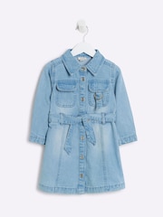 River Island Blue Girls Denim Leopard Print 100% Cotton Dress - Image 1 of 4