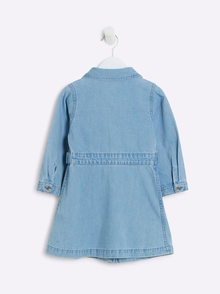 River Island Blue Girls Denim Leopard Print 100% Cotton Dress - Image 2 of 4