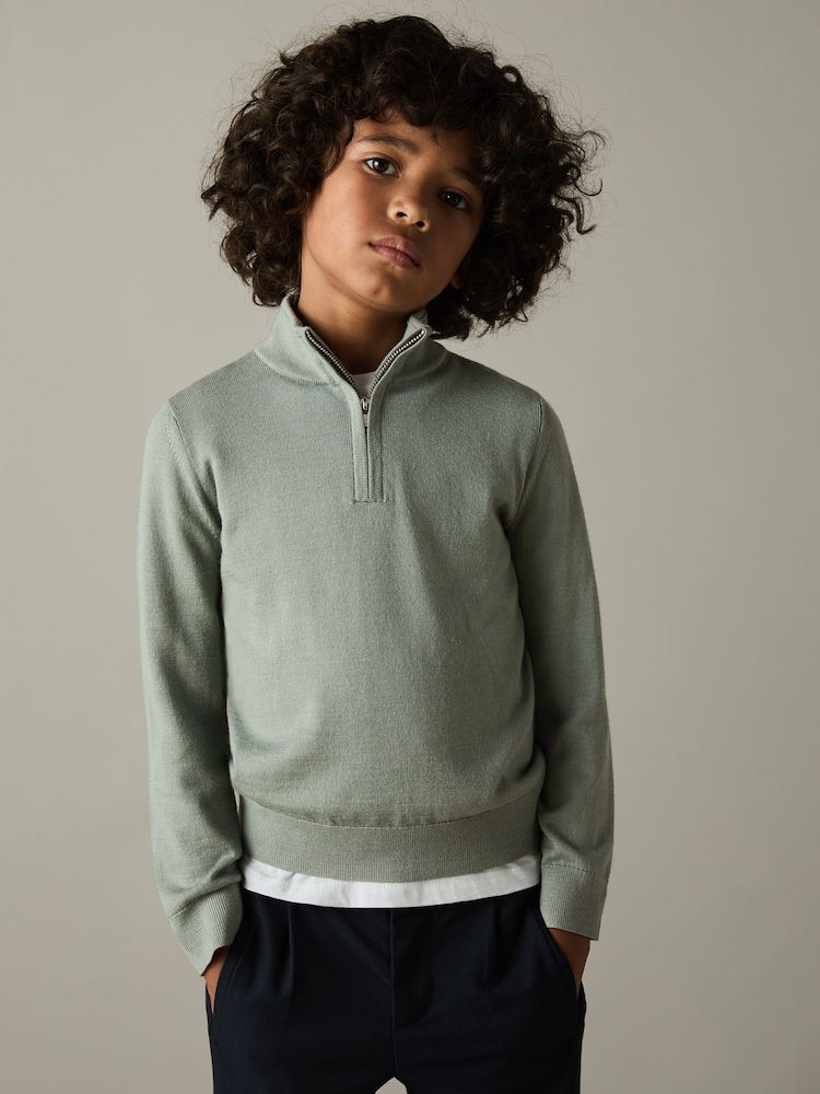 Reiss Herb Green Blackhall 3-9 yrs Merino Wool Half-Zip Funnel Neck Jumper - Image 1 of 4