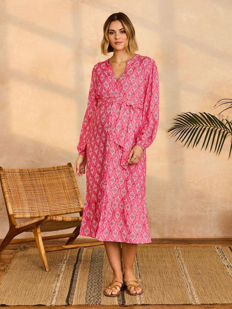JoJo Maman Bébé Pink Button Through Maternity Midi Dress With Tie - Image 1 of 5