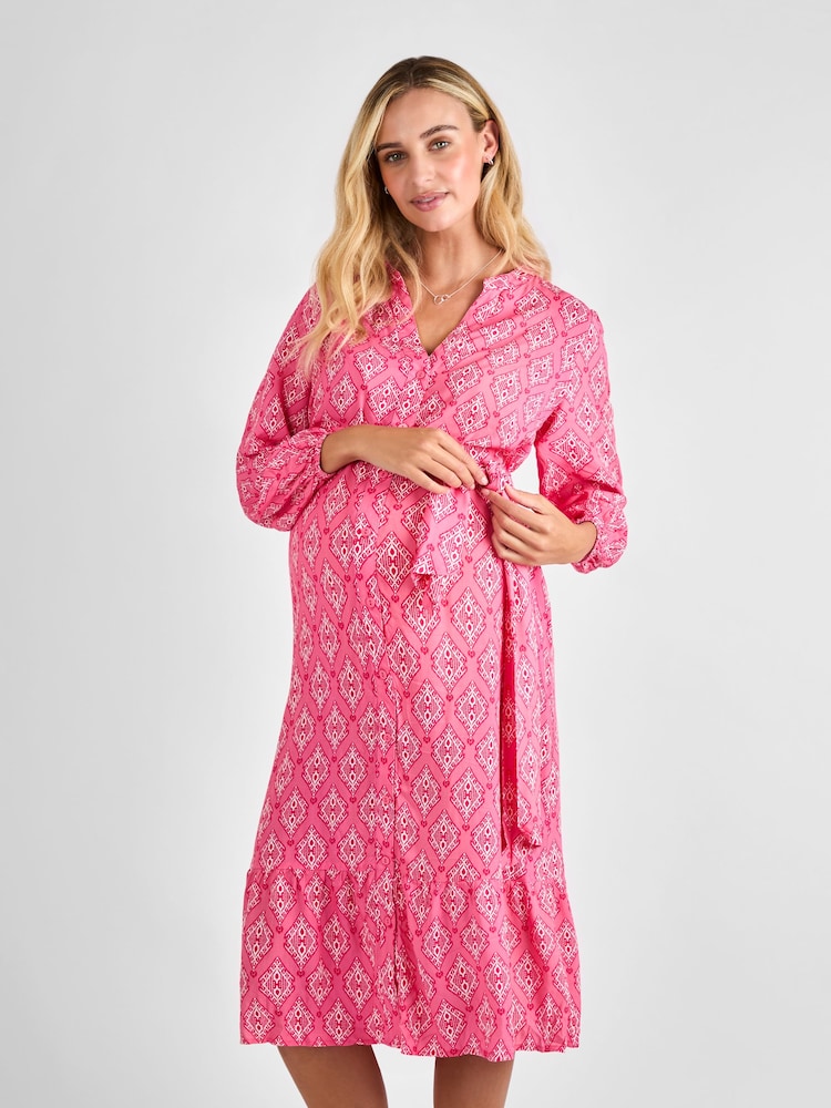 JoJo Maman Bébé Pink Button Through Maternity Midi Dress With Tie - Image 2 of 5