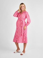 JoJo Maman Bébé Pink Button Through Maternity Midi Dress With Tie - Image 4 of 5