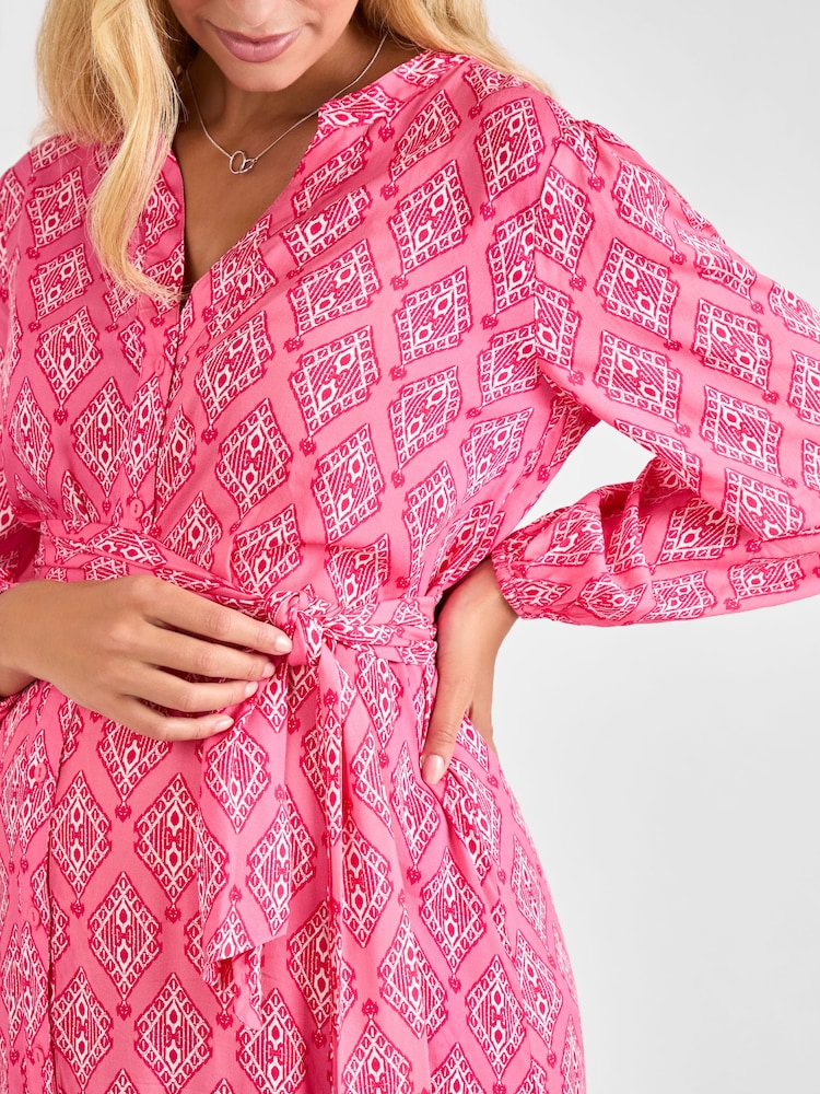 JoJo Maman Bébé Pink Button Through Maternity Midi Dress With Tie - Image 5 of 5