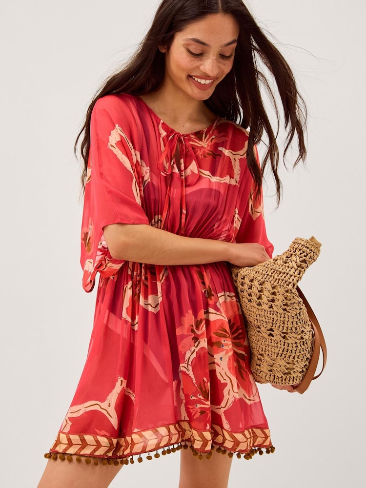 Monsoon Red Yasmin Floral Print Mini Kaftan - Image 1 of 4 Monsoon Red Yasmin Floral Print Mini Kaftan - Image 1 of 4