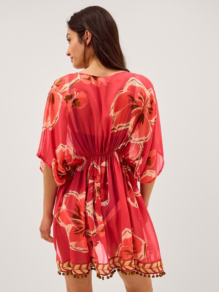 Monsoon Red Yasmin Floral Print Mini Kaftan - Image 2 of 4 Monsoon Red Yasmin Floral Print Mini Kaftan - Image 2 of 4