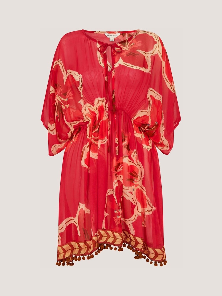 Monsoon Red Yasmin Floral Print Mini Kaftan - Image 4 of 4 Monsoon Red Yasmin Floral Print Mini Kaftan - Image 4 of 4