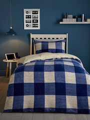 Bedlam Blue Cosy Theo Gingham Check Plush Duvet Cover Set - Image 1 of 4