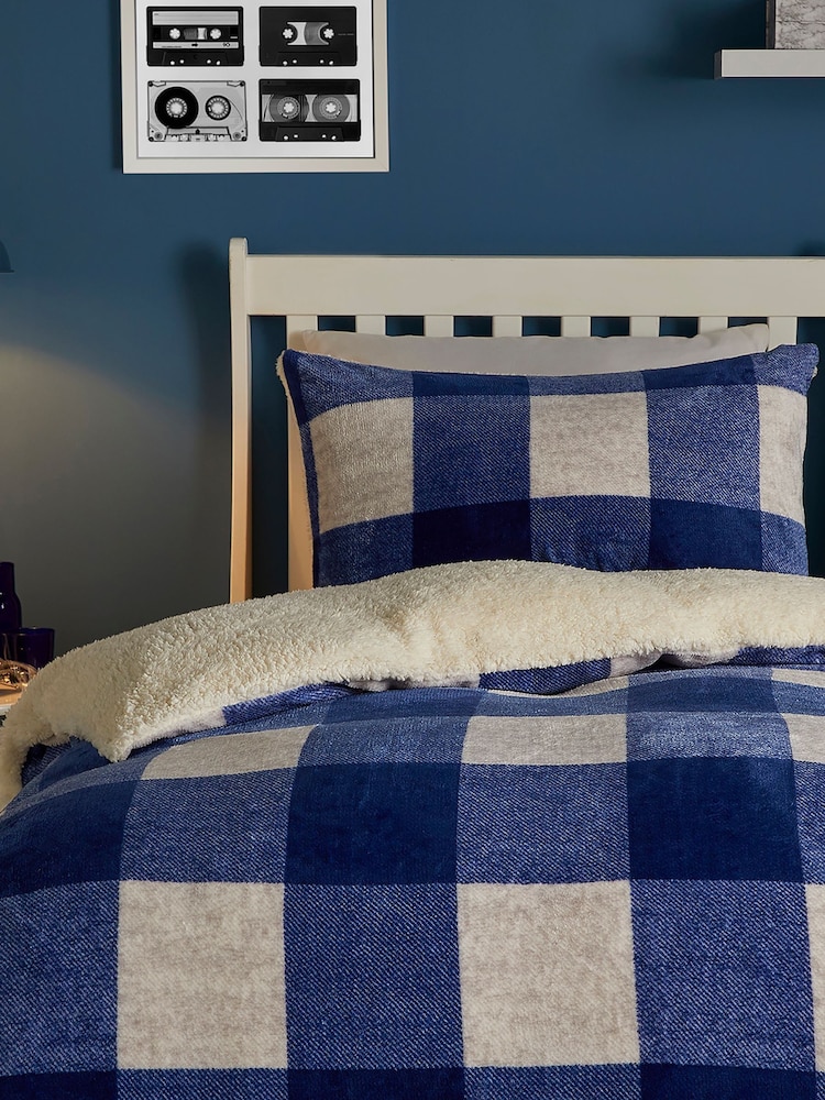 Bedlam Blue Cosy Theo Gingham Check Plush Duvet Cover Set - Image 2 of 4