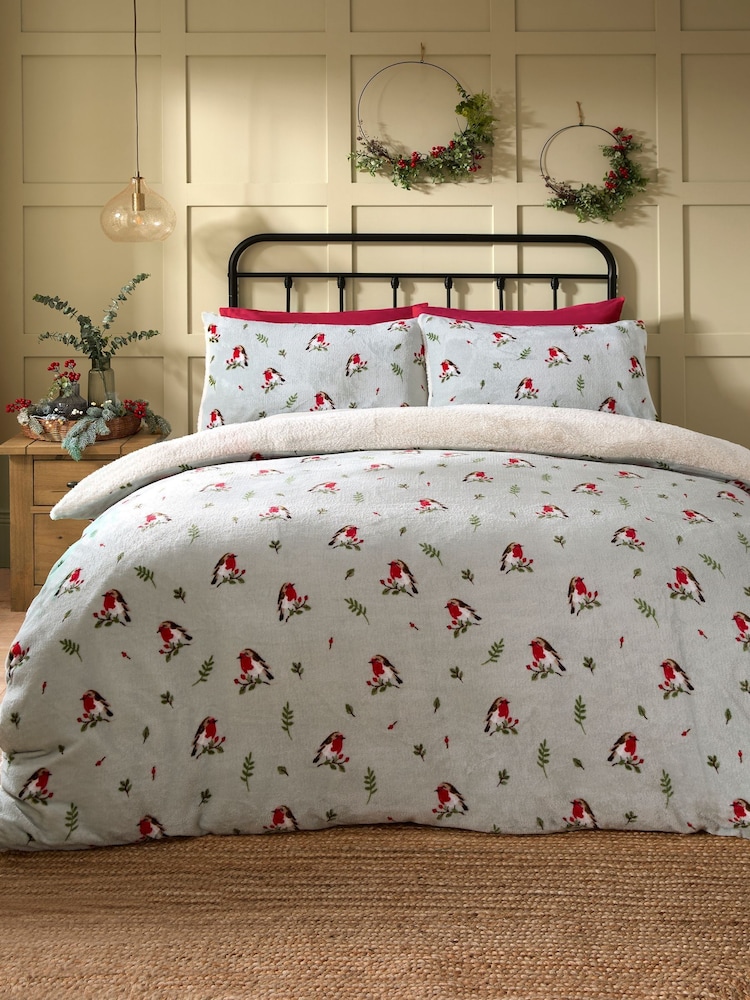 Dreams & Drapes Duck Egg Winter Robin Plush Duvet Cover Set - Image 1 of 4 Dreams & Drapes Duck Egg Winter Robin Plush Duvet Cover Set - Image 1 of 4
