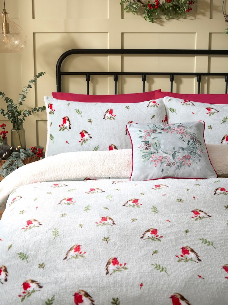 Dreams & Drapes Duck Egg Winter Robin Plush Duvet Cover Set - Image 2 of 4