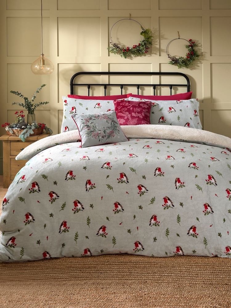 Dreams & Drapes Duck Egg Winter Robin Plush Duvet Cover Set - Image 4 of 4