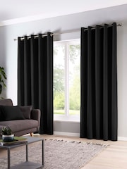 Fusion Black Sorbonne 100% Cotton Pair of Eyelet Room Darkening Curtains - Image 1 of 3