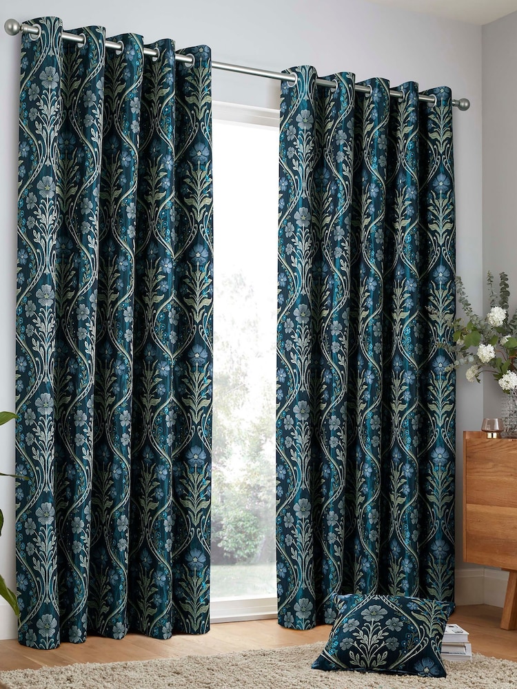 Curtina Navy Estelle Woven Pair of Eyelet Curtains - Image 2 of 4